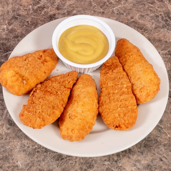Five golden-brown chicken tenders and a white cup of honey mustard sauce on a white plate.